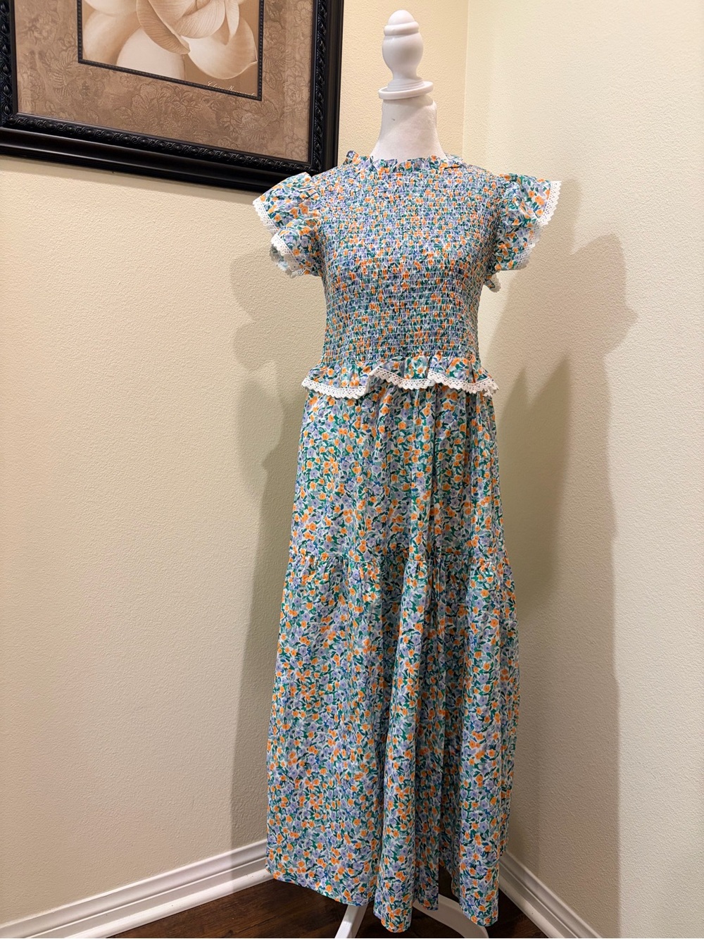 Meet Me in Santorini Smocked Floral Maxi CottonDress in Blue & Yellow size M NWT